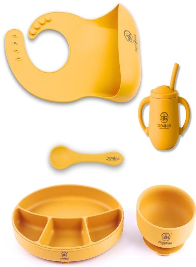 ZoZoBaa Silicone Feeding Set Including Baby Bib,Long Spoon, Straw Training Cup, Suction Base Oval Plate & Bowl for Toddler |Solid Cutlery Baby Weaning Set | Easy Wipe Clean| (5 Pc), [Mango Yellow] - Image 1