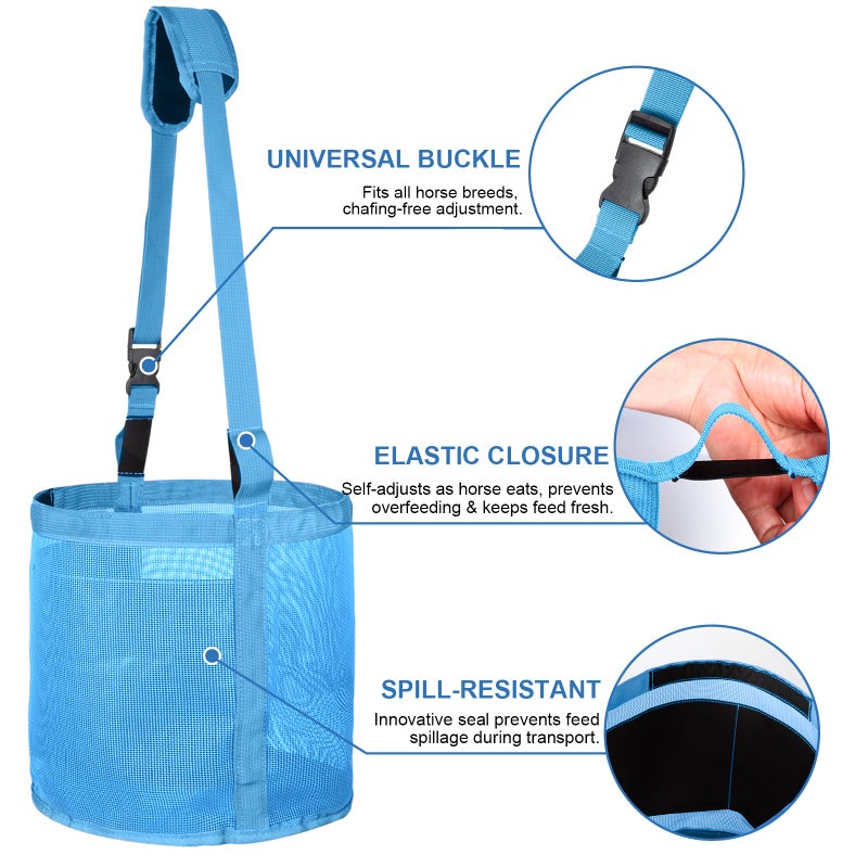 Wizbrio Heavy Duty Durable Waterproof Horse Feed Bag with Adjustable Strap - Mesh Grain Design, Comfort Neck Pad & Nose Pad Sky - Blue - Image 3