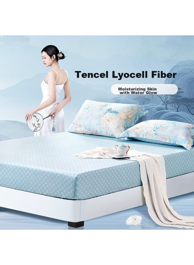 Fuanna 60s Lyocell Tencel Cooling Single Fitted Sheet Cover, Summer Bare-feel Mattress Protector, 150*200cm, Blue - Image 1