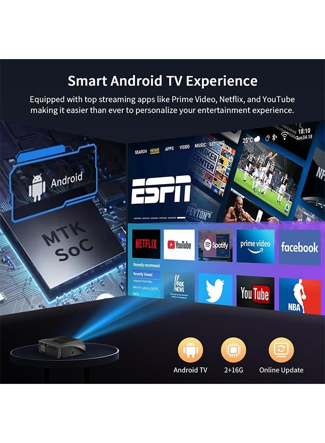 CAIWEI 4K Smart Android Projector 1100 ANSI - 5G WiFi & Bluetooth Home Cinema，14300 Lumen 1080P Native， Auto Keystone + Zoom， Netflix/YouTube Supported ，HDMI/USB/LAN ，Outdoor & Indoor Use Black  - Image 2