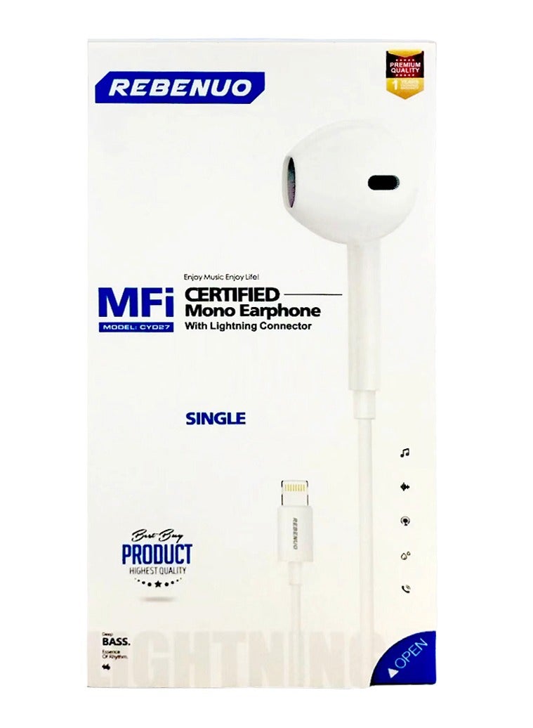 REBENUO MFI Certified Mono earphone with Mic and Lightning Connector - Image 1