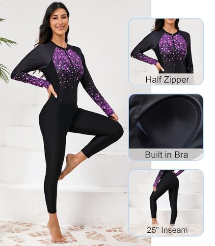 ALLTOKE Womens Full Body Rash Guard with Built in Bra Long Sleeve One Piece Swimsuit Upf50+ Zip Front Bathing Suit Black Starry Sky L - Image 4
