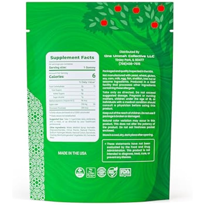 One Ummah Halal Certified Apple Cider Vinegar Gummies - Vegan, Easy Digestion, & High Absorption - ACV Gummy Supplement - Tasty 60 Apple Flavor - 60 Ct - Image 2