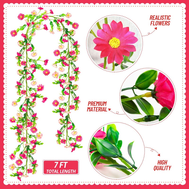 KVCSYAW 2 Pack Spring Flower Garland, 13.6 Ft Silky Artificial Pink Garland with Pink Daisy and Vine, Floral Garlands Decoration for Room Wall, Flower Themed Party, Wedding Supplies - Image 2
