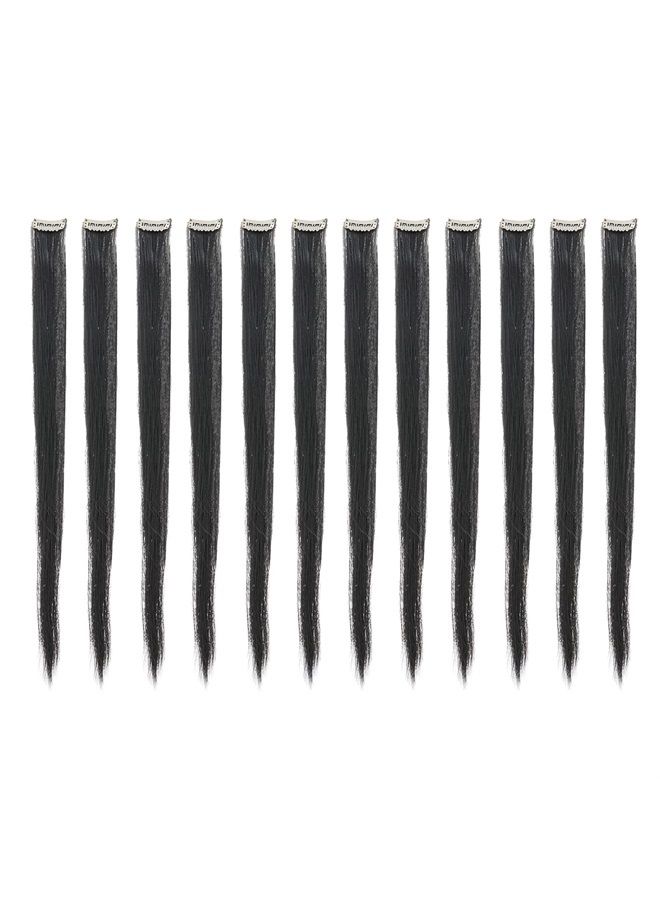 SWACC 12 Pcs Straight One Color Party Highlights Clip on in Hair Extensions Colored Hair Streak Synthetic Hairpieces (Black-1B) - Image 1