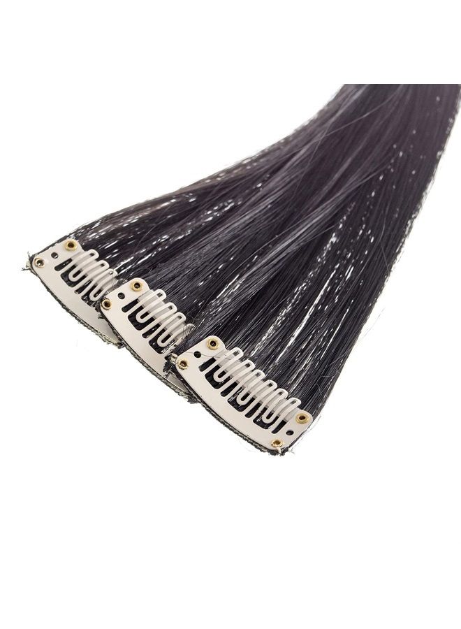 SWACC 12 Pcs Straight One Color Party Highlights Clip on in Hair Extensions Colored Hair Streak Synthetic Hairpieces (Black-1B) - Image 3