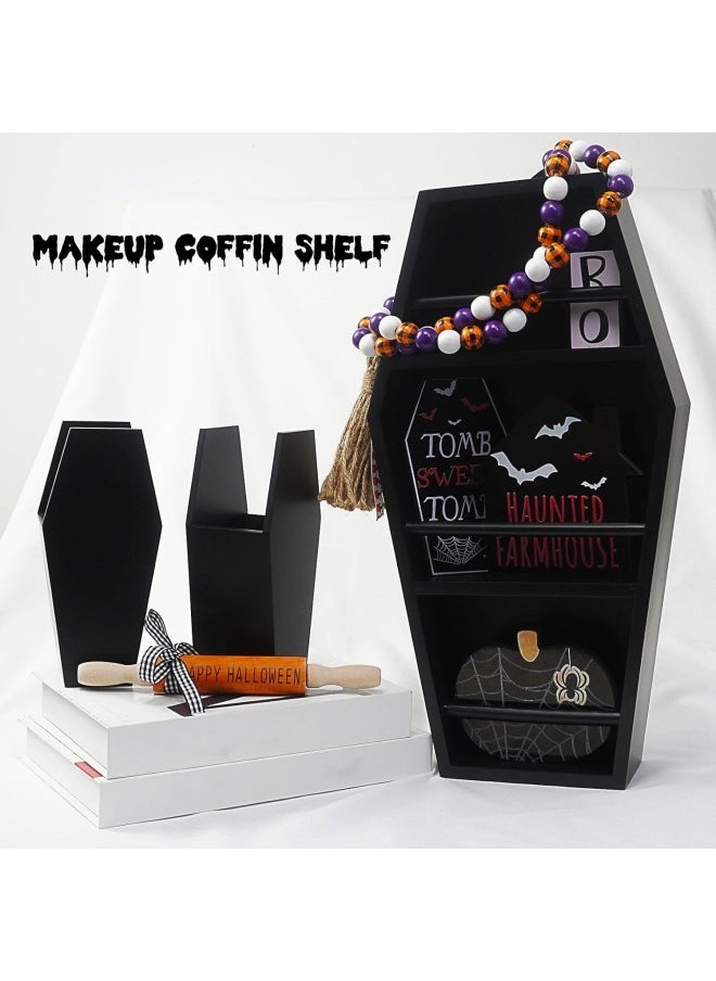 Generic - 16in Makeup Coffin Shelf with 2 Coffin Brush Holder, Wooden Goth Decor for Display, Makeup Organizer Spooky Coffin Gothic Decor for Lipstick, Nail Polish or Makeup Brushes (Shelf Set) - Image 1