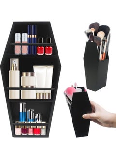16in Makeup Coffin Shelf with 2 Coffin Brush Holder, Wooden Goth Decor for Display, Makeup Organizer Spooky Coffin Gothic Decor for Lipstick, Nail Polish or Makeup Brushes (Shelf Set)