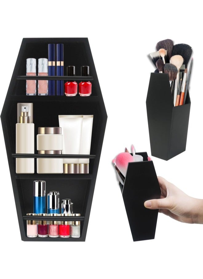 Generic - 16in Makeup Coffin Shelf with 2 Coffin Brush Holder, Wooden Goth Decor for Display, Makeup Organizer Spooky Coffin Gothic Decor for Lipstick, Nail Polish or Makeup Brushes (Shelf Set) - Image 1