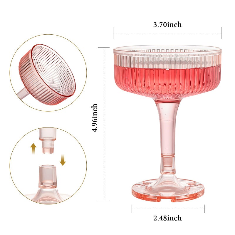 Goodluck 4-Tier Champagne Glasses - 20 PCS 7oz Pink Plastic Champagne Flutes, Plastic Coupe Glasses with Vertical Stripes for Weddings, Celebrations, Parties & Birthdays - Image 2