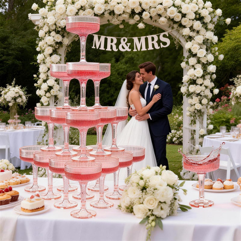 Goodluck 4-Tier Champagne Glasses - 20 PCS 7oz Pink Plastic Champagne Flutes, Plastic Coupe Glasses with Vertical Stripes for Weddings, Celebrations, Parties & Birthdays - Image 3