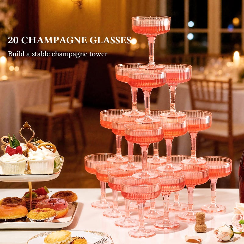 Goodluck 4-Tier Champagne Glasses - 20 PCS 7oz Pink Plastic Champagne Flutes, Plastic Coupe Glasses with Vertical Stripes for Weddings, Celebrations, Parties & Birthdays - Image 5