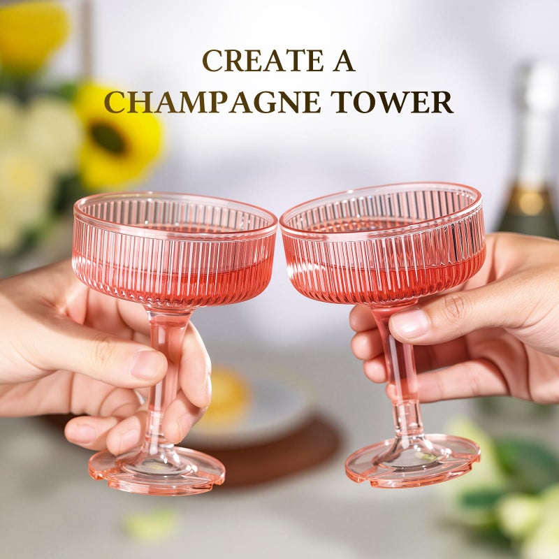 Goodluck 4-Tier Champagne Glasses - 20 PCS 7oz Pink Plastic Champagne Flutes, Plastic Coupe Glasses with Vertical Stripes for Weddings, Celebrations, Parties & Birthdays - Image 4