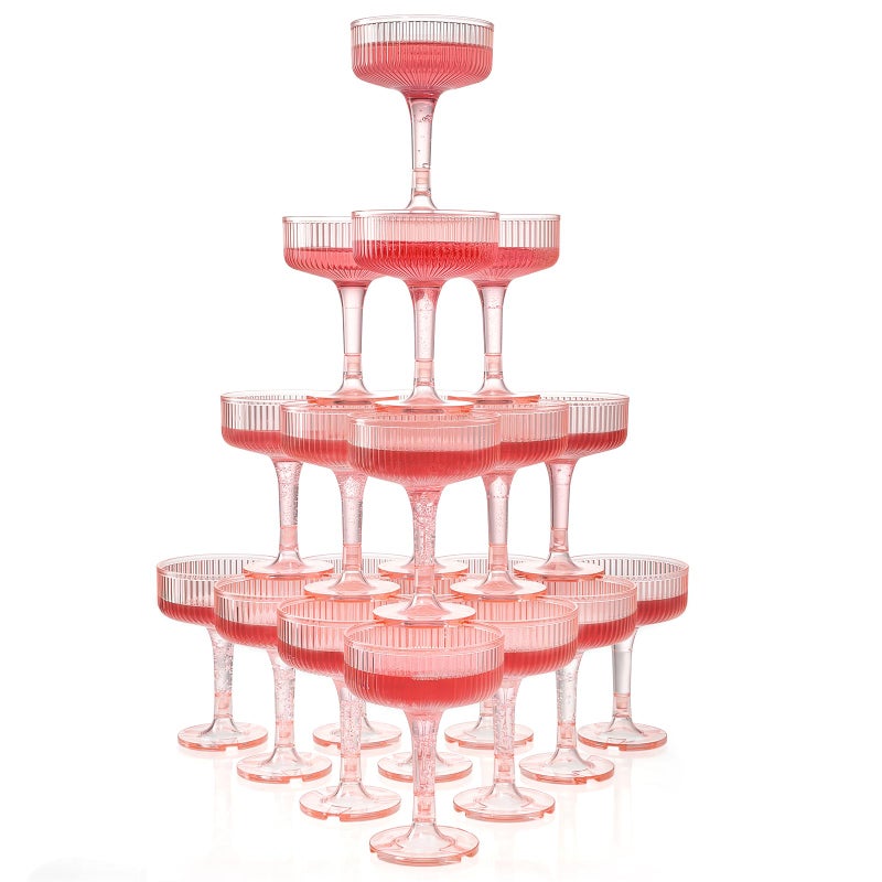 Goodluck 4-Tier Champagne Glasses - 20 PCS 7oz Pink Plastic Champagne Flutes, Plastic Coupe Glasses with Vertical Stripes for Weddings, Celebrations, Parties & Birthdays - Image 1