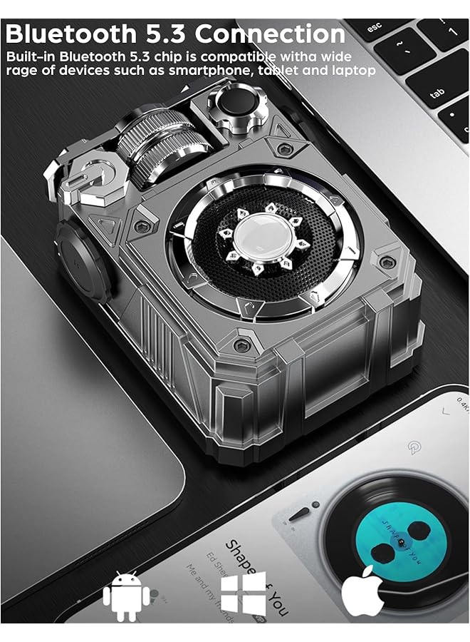 إيروريكس مكبر صوت بلوتوث صغير ريترو 10 وات مكبر صوت لاسلكي محمول مقاوم للماء بتقنية Ipx5 وبلوتوث 5.3 TWS يدعم بطاقة Tf لغرفة النوم والمطبخ والمنزل والخارج والشاطئ من الحديد الفضي - Image 4