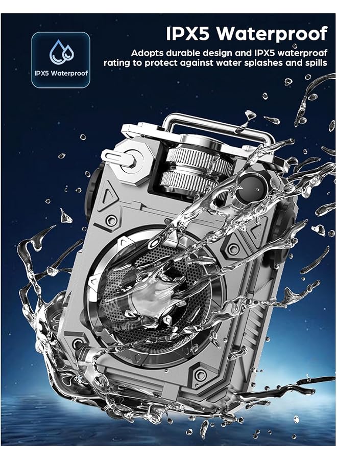 إيروريكس مكبر صوت بلوتوث صغير ريترو 10 وات مكبر صوت لاسلكي محمول مقاوم للماء بتقنية Ipx5 وبلوتوث 5.3 TWS يدعم بطاقة Tf لغرفة النوم والمطبخ والمنزل والخارج والشاطئ من الحديد الفضي - Image 3