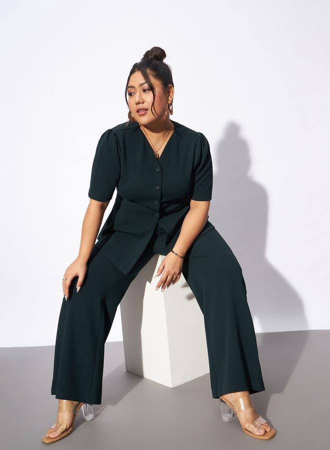 SASSAFRAS Plus Front Button V Neck Top and Pants Co-Ords by Styli  - Image 2