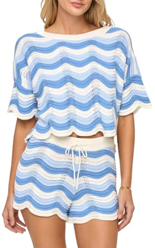 NIFTRIRY 2 Piece Sets for Women Short Sleeve Striepd Crochet Cover Up and Shorts with Drawstring Beach Vacation Clothes - Image 1