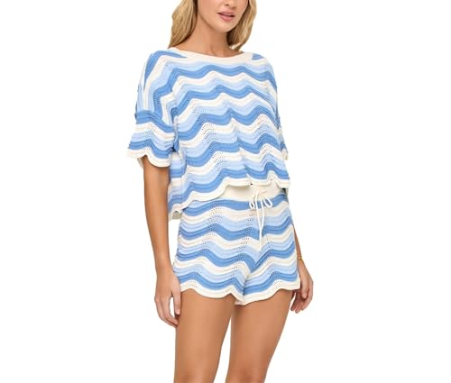 NIFTRIRY 2 Piece Sets for Women Short Sleeve Striepd Crochet Cover Up and Shorts with Drawstring Beach Vacation Clothes - Image 2