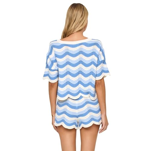 NIFTRIRY 2 Piece Sets for Women Short Sleeve Striepd Crochet Cover Up and Shorts with Drawstring Beach Vacation Clothes - Image 4
