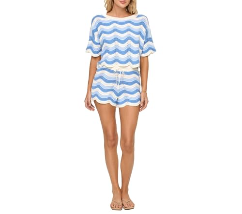 NIFTRIRY 2 Piece Sets for Women Short Sleeve Striepd Crochet Cover Up and Shorts with Drawstring Beach Vacation Clothes - Image 3