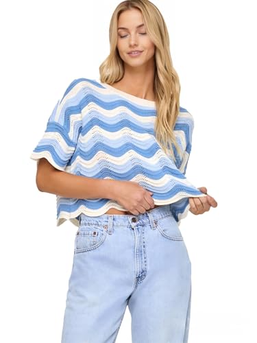NIFTRIRY 2 Piece Sets for Women Short Sleeve Striepd Crochet Cover Up and Shorts with Drawstring Beach Vacation Clothes - Image 5