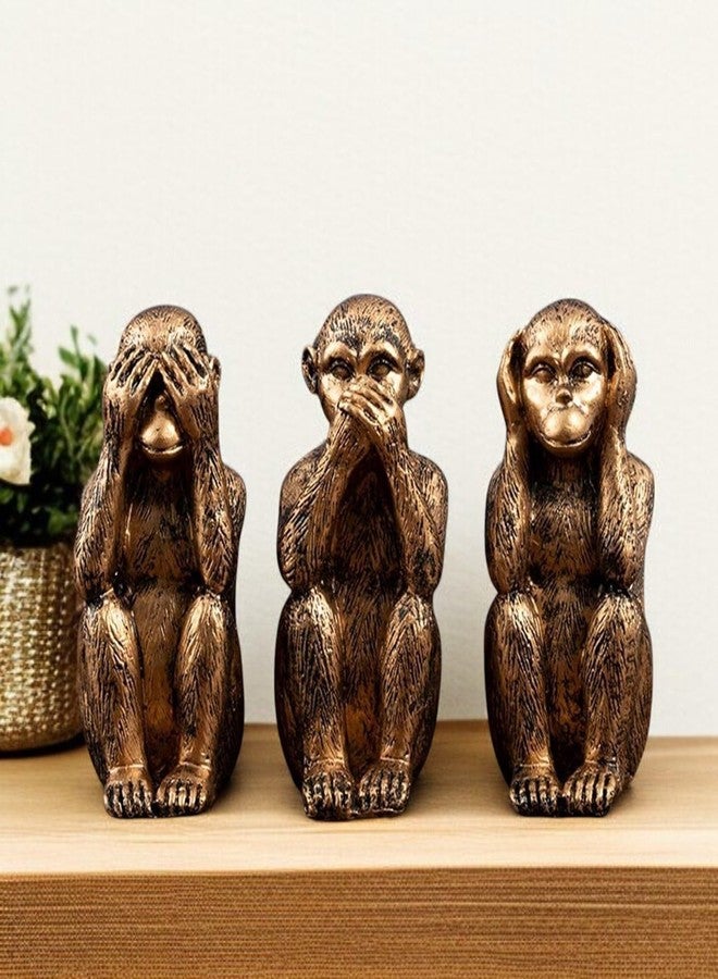 Karigaari Set of 3 Miniature Monkey Different Poses Statue Decorative Showpiece for Home Decor Living Room Table Office Decoration Creative Art Abstract Design, Resin, Size: 8 cm (Golden) - Image 2