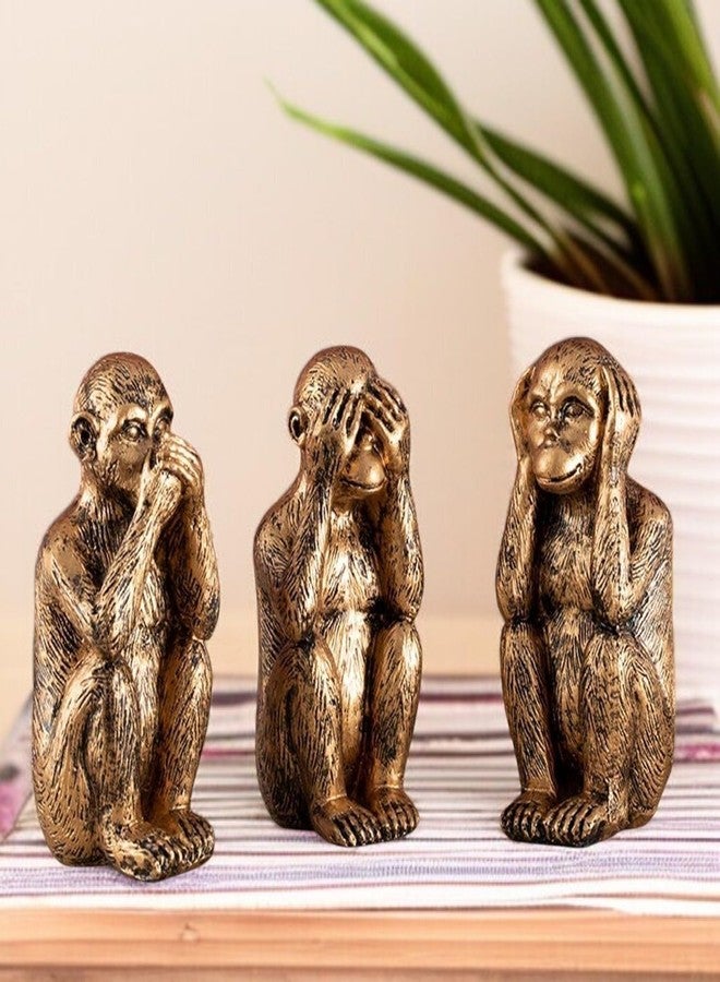 Karigaari Set of 3 Miniature Monkey Different Poses Statue Decorative Showpiece for Home Decor Living Room Table Office Decoration Creative Art Abstract Design, Resin, Size: 8 cm (Golden) - Image 1