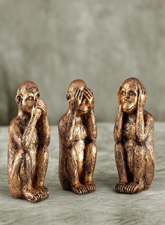 Karigaari Set of 3 Miniature Monkey Different Poses Statue Decorative Showpiece for Home Decor Living Room Table Office Decoration Creative Art Abstract Design, Resin, Size: 8 cm (Golden) - Image 3