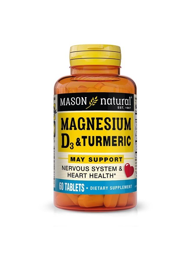 Mason Natural Magnesium & Vitamin D3 with Turmeric - Healthy Heart and Nervous System, Strengthens Bones and Muscles, Improved Joint Health, 60 Tablets - Image 1