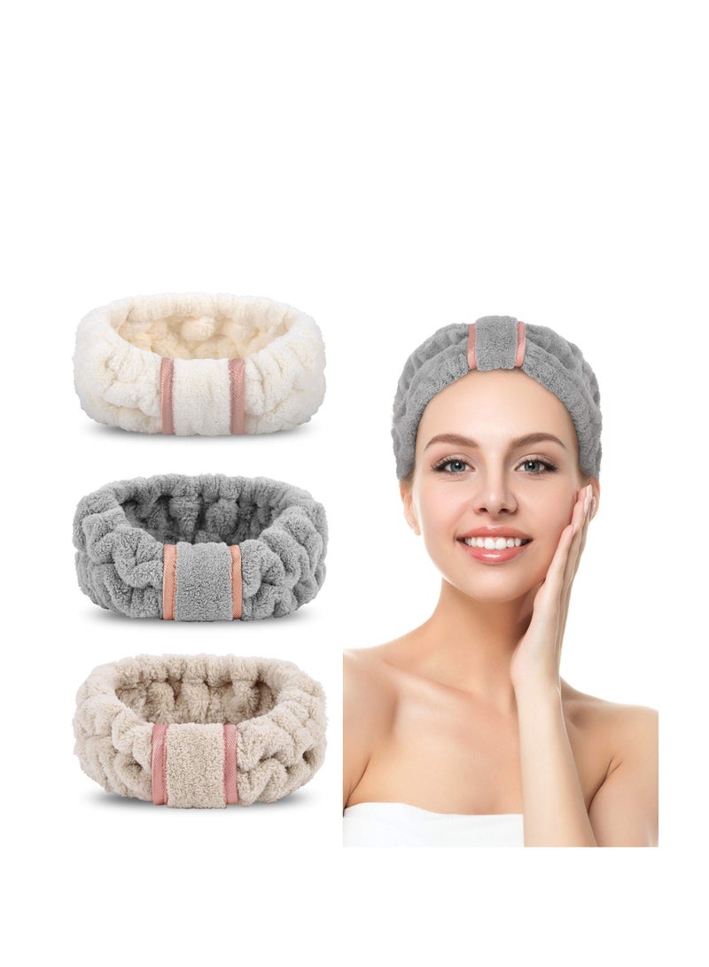Loquat Spa Headbands Microfiber 3 Pack SkinCare Headbands Face Wash Headband Face Washing Headband Facial Headband Makeup Headband Towel Headbands for Women for Washing Face White Gray Khaki - Image 1