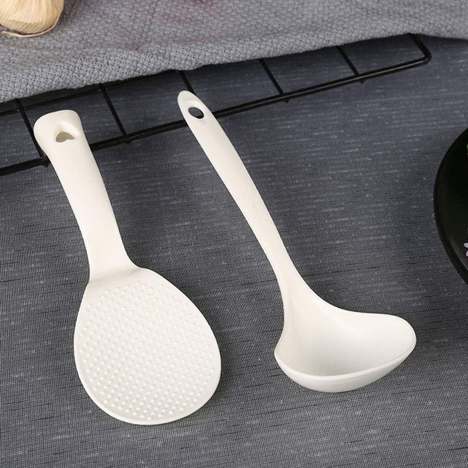 1PCS STANDING RICE PADDLE AND 1PCS SOUP SPOONS NONSTICK RICE SPOON STANDUP SERVING RICE SPATULA HOUSEHOLD KITCHEN TOOLS WHITE