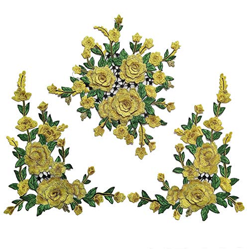 FEEPOP 1 SetLarge Embroidered Peony Flowers Lace Patch Applique ThreeDimensional Garment Fabric DIY Accessories Sew Yellow 