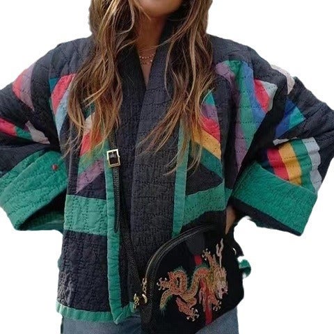 Winter Vintage Floral Print Loose Cotton-Padded Jacket Women Picture Color