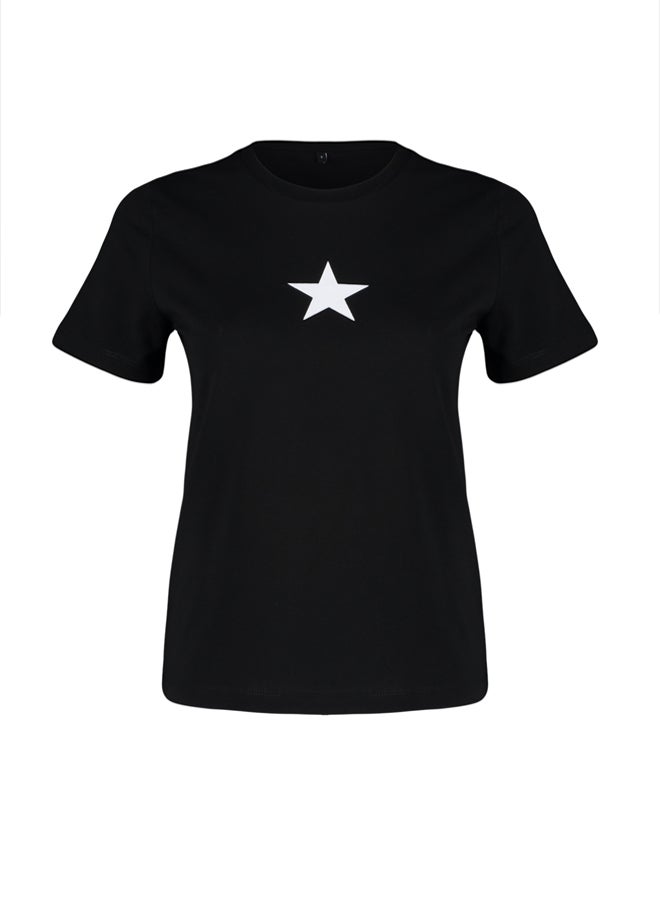 Black 100% Cotton Star Printed Regular/Normal Pattern Crew Neck Knitted T-Shirt