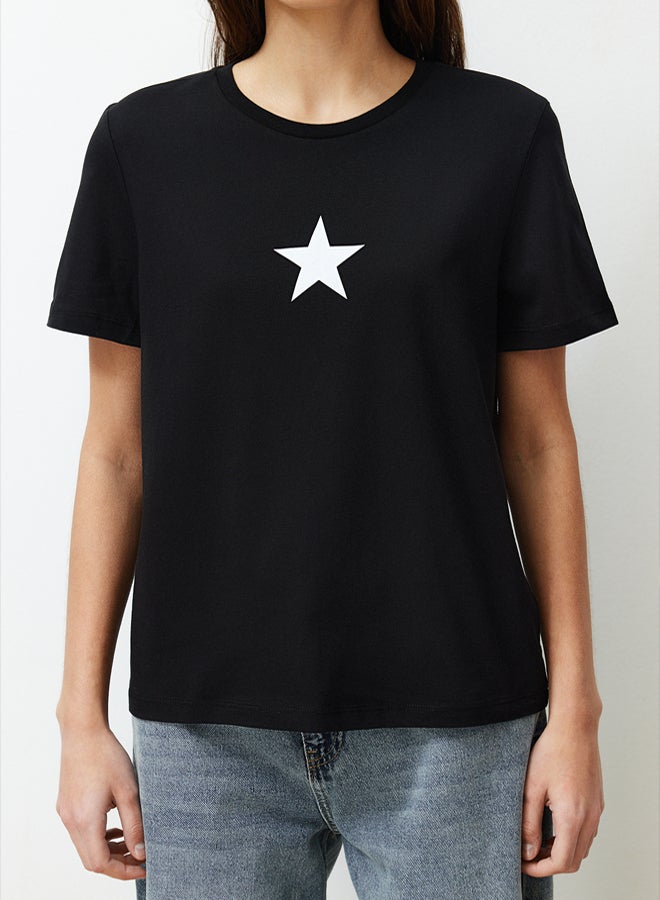 Black 100% Cotton Star Printed Regular/Normal Pattern Crew Neck Knitted T-Shirt