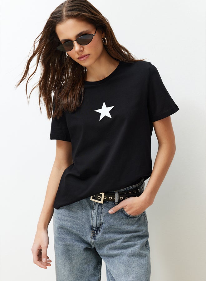 Black 100% Cotton Star Printed Regular/Normal Pattern Crew Neck Knitted T-Shirt