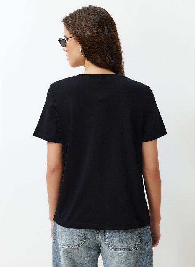 Black 100% Cotton Star Printed Regular/Normal Pattern Crew Neck Knitted T-Shirt