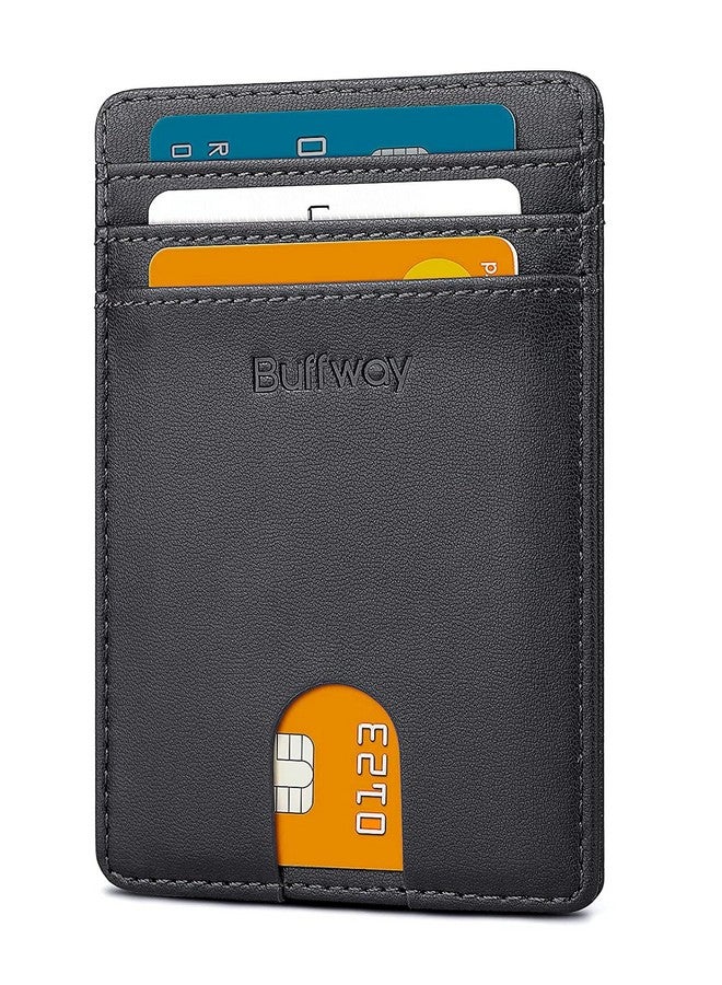 Buffway Genuine Leather Card Holder Wallet for Men Leather Original, Men and Women Slim RFID Wallet (Black) - Image 1