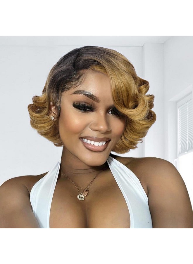 HANNE Anne Short Curly Light Brown Wigs For Black Women Side Part Ombre Black To Brown Dark Root Lace Part Short Curly Heat Resistant Loose Wave Wig (1B/27 )  - Image 1