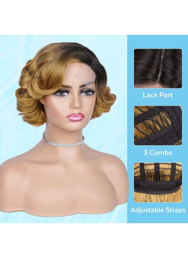 HANNE Anne Short Curly Light Brown Wigs For Black Women Side Part Ombre Black To Brown Dark Root Lace Part Short Curly Heat Resistant Loose Wave Wig (1B/27 )  - Image 3