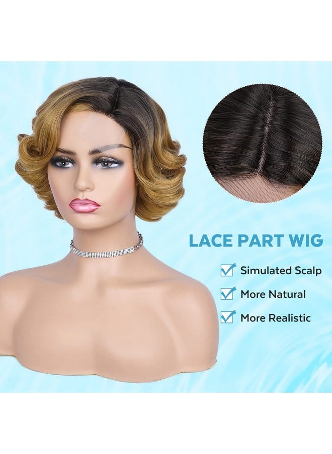 HANNE Anne Short Curly Light Brown Wigs For Black Women Side Part Ombre Black To Brown Dark Root Lace Part Short Curly Heat Resistant Loose Wave Wig (1B/27 )  - Image 4