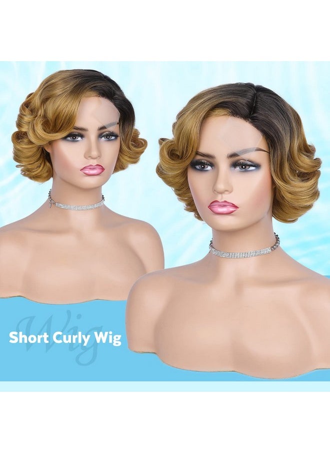 HANNE Anne Short Curly Light Brown Wigs For Black Women Side Part Ombre Black To Brown Dark Root Lace Part Short Curly Heat Resistant Loose Wave Wig (1B/27 )  - Image 5