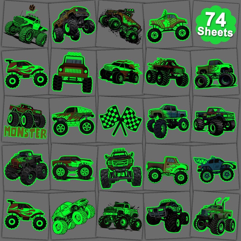 CHARLENT Glow in The Dark Monster Truck Temporary Tattoos for Kids Party Supplies - 74 Individually Sheets Luminous Monster Truck Tattoos for Boys Birthday Party Favors Goodie Bag Fillers - Image 1