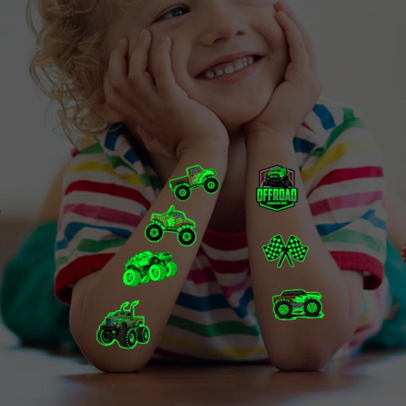 CHARLENT Glow in The Dark Monster Truck Temporary Tattoos for Kids Party Supplies - 74 Individually Sheets Luminous Monster Truck Tattoos for Boys Birthday Party Favors Goodie Bag Fillers - Image 4