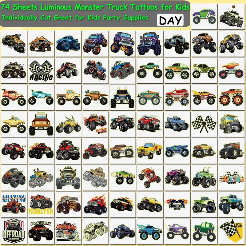 CHARLENT Glow in The Dark Monster Truck Temporary Tattoos for Kids Party Supplies - 74 Individually Sheets Luminous Monster Truck Tattoos for Boys Birthday Party Favors Goodie Bag Fillers - Image 3