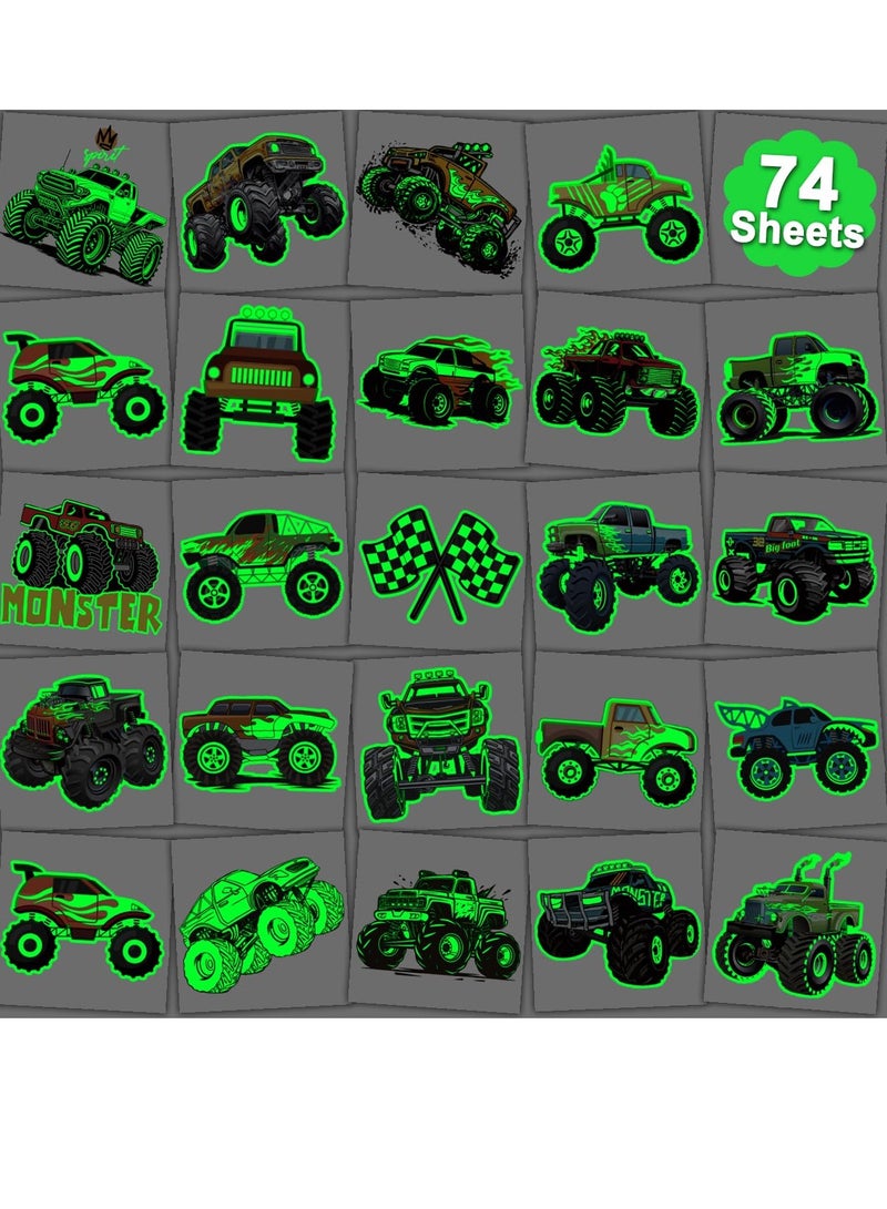 CHARLENT Glow in The Dark Monster Truck Temporary Tattoos for Kids Party Supplies - 74 Individually Sheets Luminous Monster Truck Tattoos for Boys Birthday Party Favors Goodie Bag Fillers - Image 1