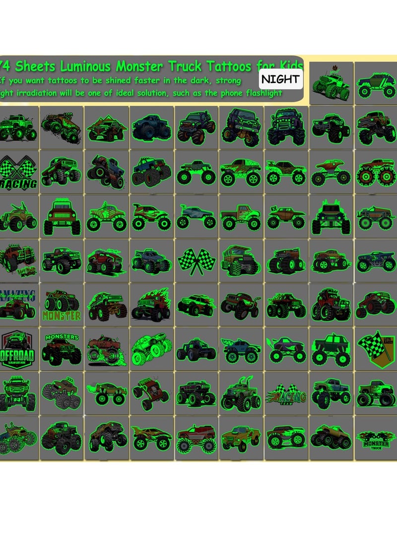 CHARLENT Glow in The Dark Monster Truck Temporary Tattoos for Kids Party Supplies - 74 Individually Sheets Luminous Monster Truck Tattoos for Boys Birthday Party Favors Goodie Bag Fillers - Image 3