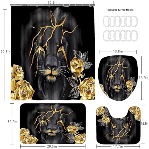 jieprom 4 PCS Gold Rose and Lion Bathroom Set with Shower Curtain Set with Rugs Gold Bathroom assessories Black Gold Shower Curtain for Bathroom - Image 5
