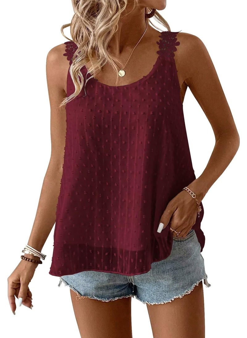 Falechay Camisole Tops for Women Trendy Casual Summer Crew Neck Sleeveless Lace Crochet Eyelet Top Babydoll Flowy Swiss Dot Blouse Bohemian Burgundy Fall Plus Size Shirts Vacation XL - Image 1